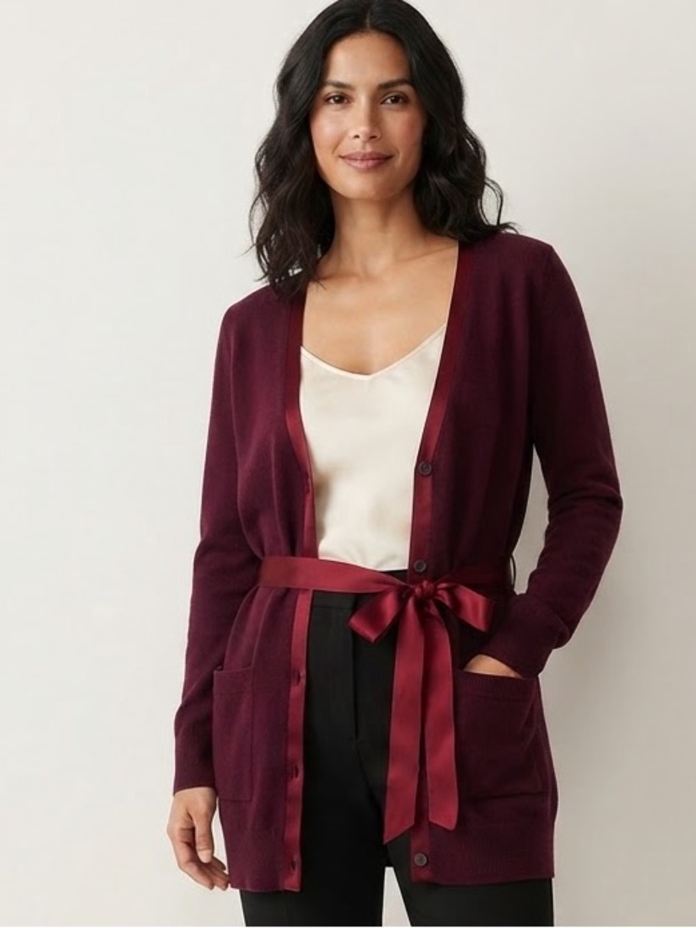 Dries Van Notten Sz M 100% Cashmere Knit Burgundy Belted Button Cardigan Sweater